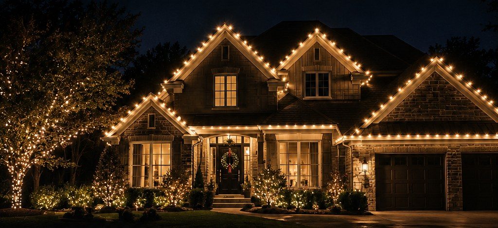 Home with warm white C9 lights on the roofline, bushes, and trees at night